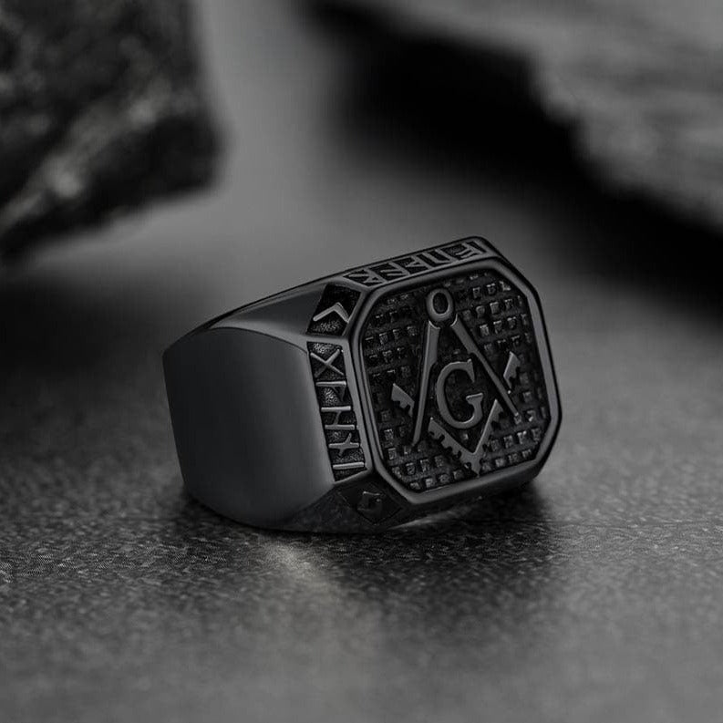 Square Masonic Signet Ring With Runes for