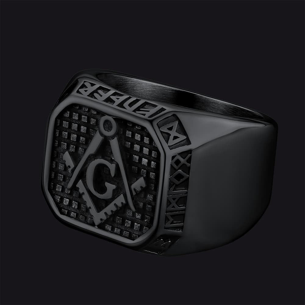 Square Masonic Signet Ring With Runes for
