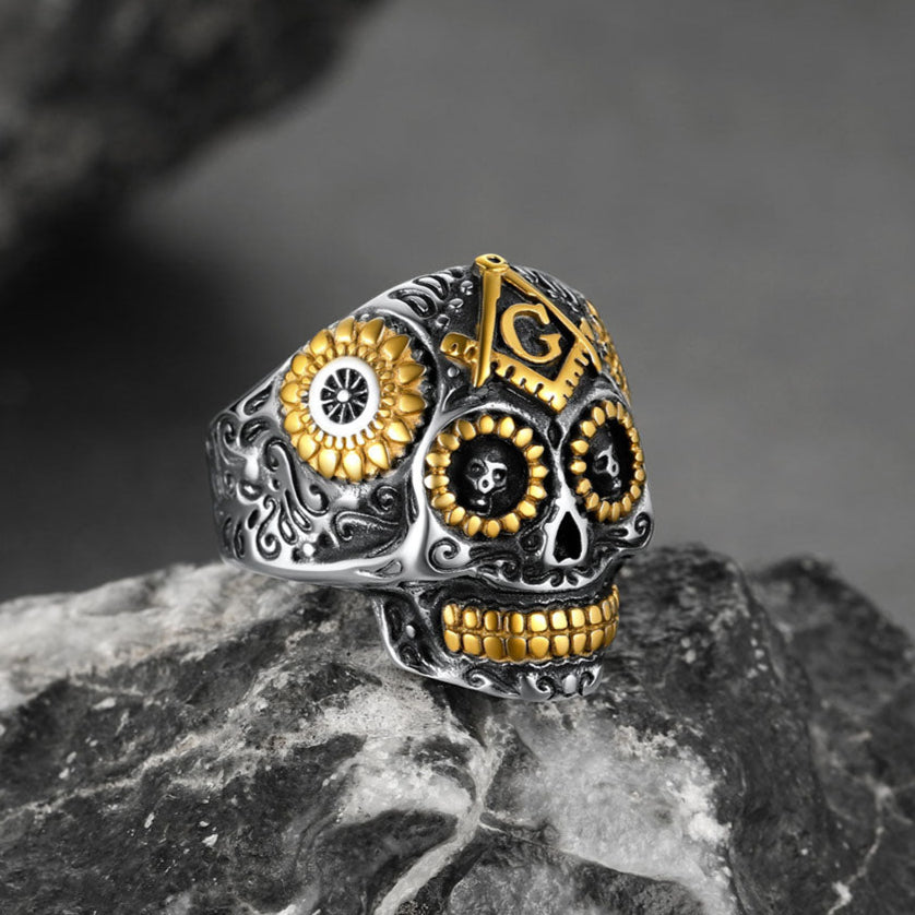 Punk Masonic Sugar Skull Ring for