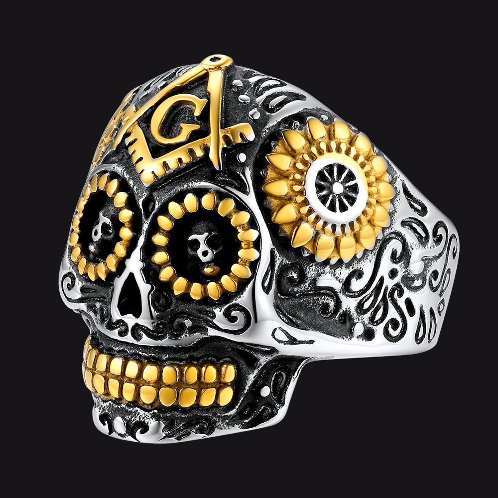 Punk Masonic Sugar Skull Ring for
