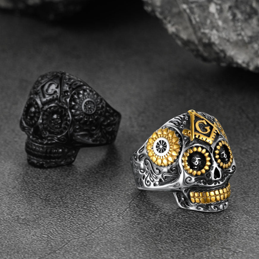 Punk Masonic Sugar Skull Ring for