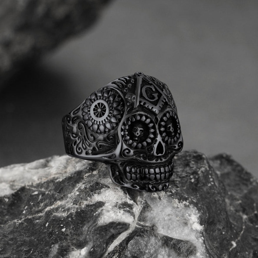 Punk Masonic Sugar Skull Ring for