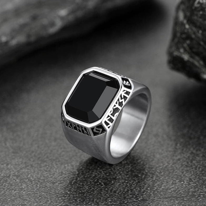 Customized Black Onyx Ring With Viking Runes for
