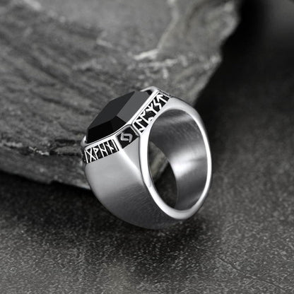 Customized Black Onyx Ring With Viking Runes for