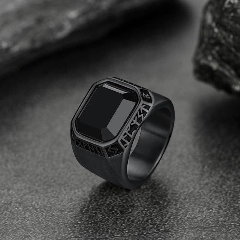 Customized Black Onyx Ring With Viking Runes for