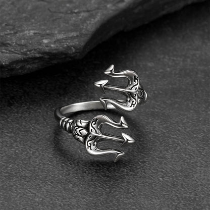 Greek Poseidon Trident Ring Adjustable Open Ring for