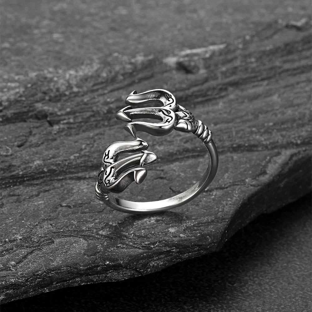 Greek Poseidon Trident Ring Adjustable Open Ring for
