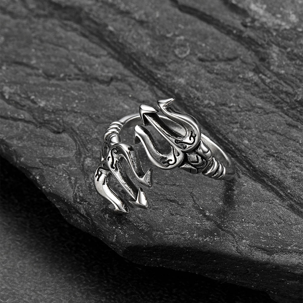 Greek Poseidon Trident Ring Adjustable Open Ring for