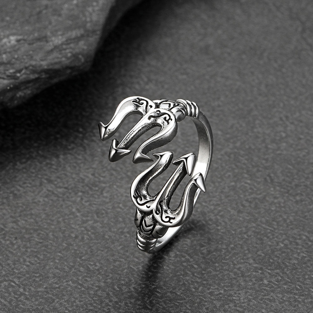 Greek Poseidon Trident Ring Adjustable Open Ring for