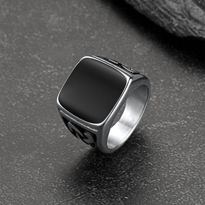 Viking Black Onyx Celtic Knot Signet Square Ring for