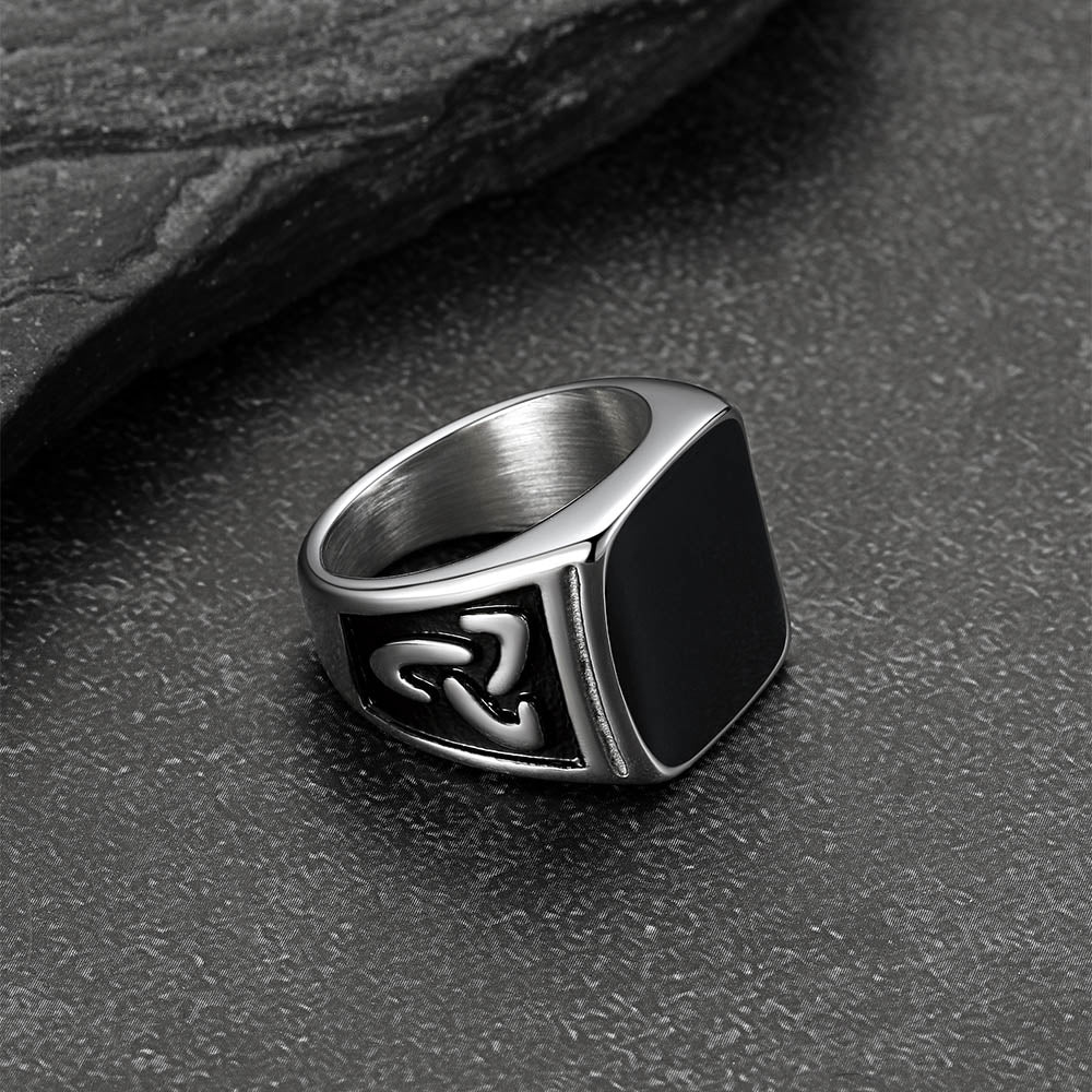 Viking Black Onyx Celtic Knot Signet Square Ring for