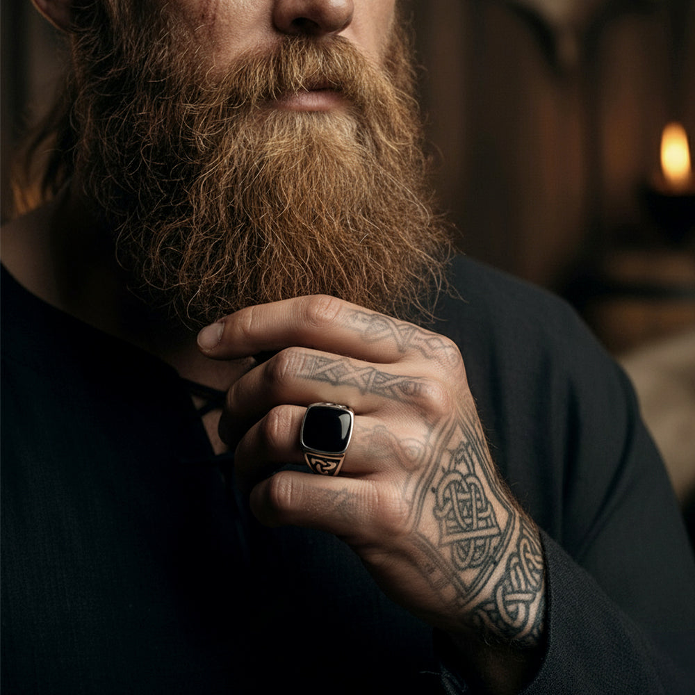 Viking Black Onyx Celtic Knot Signet Square Ring for