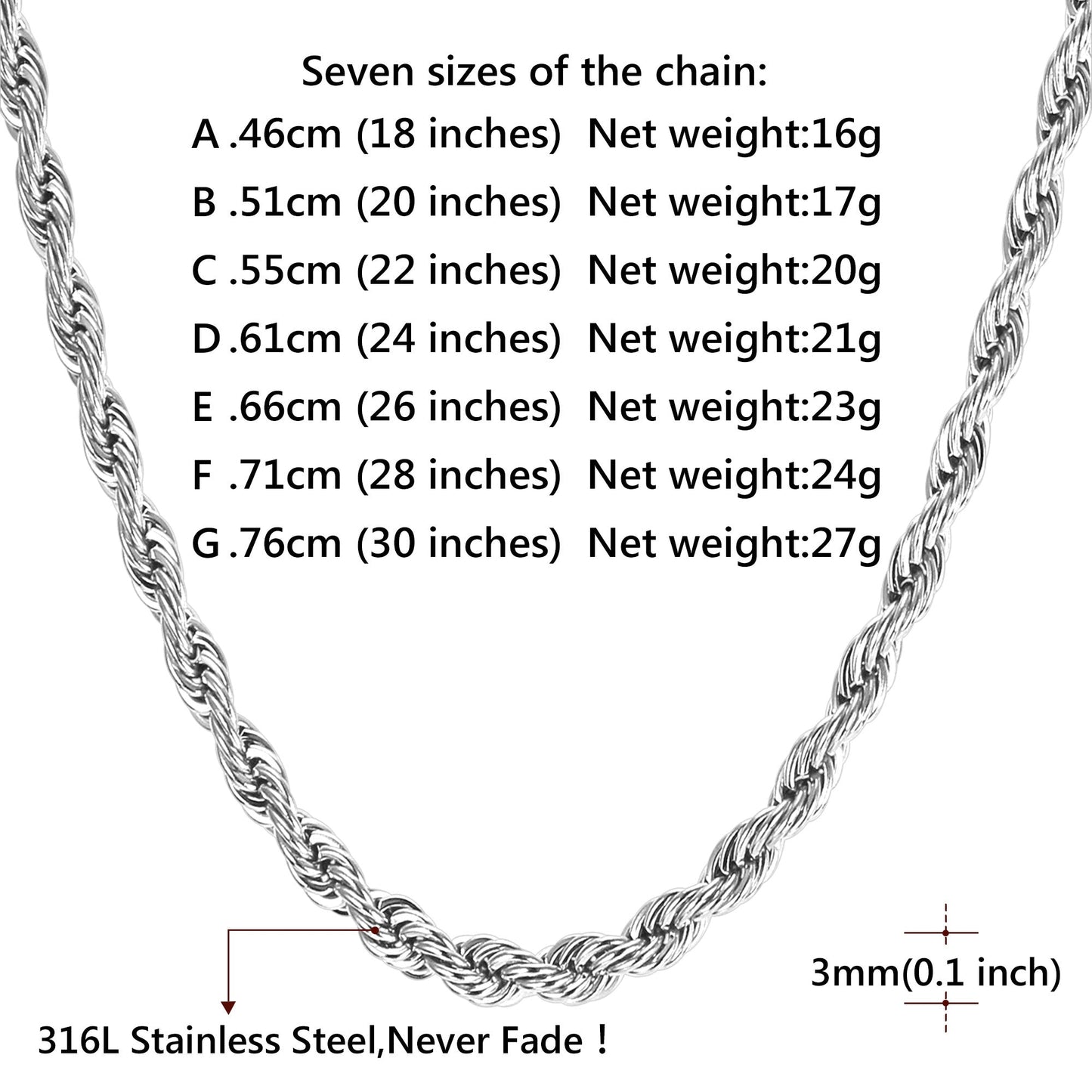 Twisted Rope Chain Stainless Steel Link Necklace for