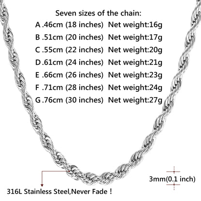 Twisted Rope Chain Stainless Steel Link Necklace for