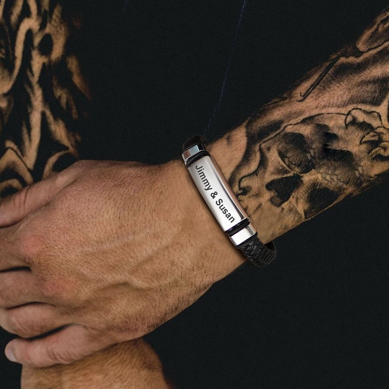 Custom Braided Black Engraved Leather Bracelet Cuff for