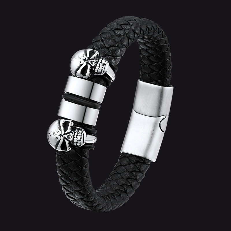 Personalized Name Beads Leather Bracelet With Skull for