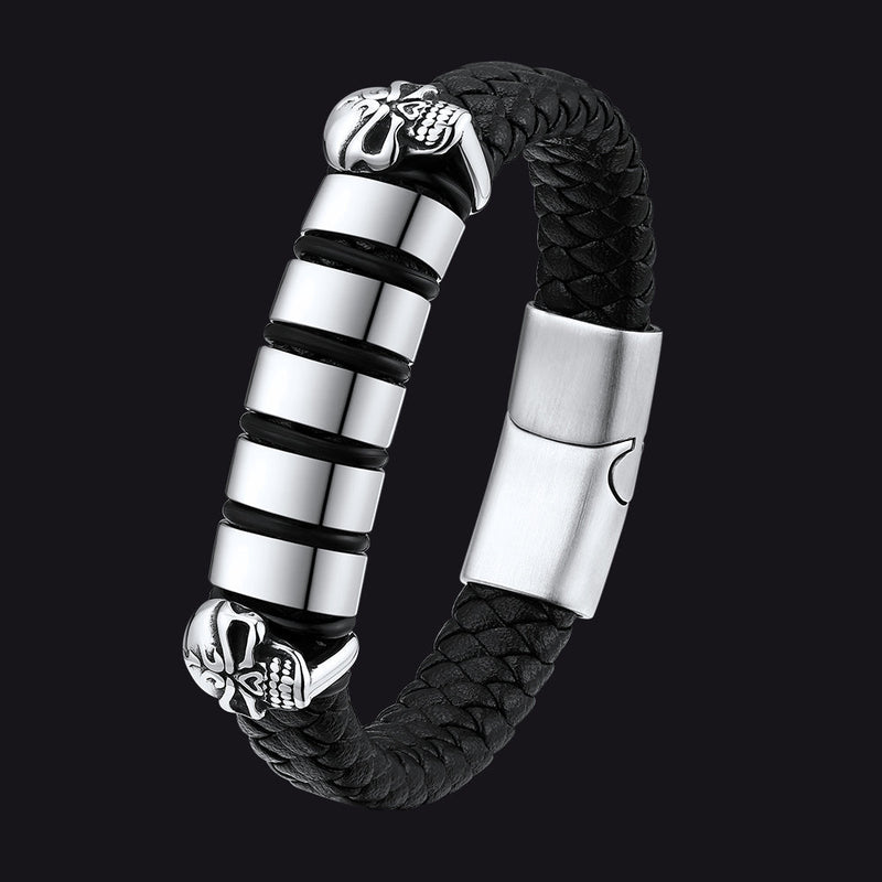 Personalized Name Beads Leather Bracelet With Skull for