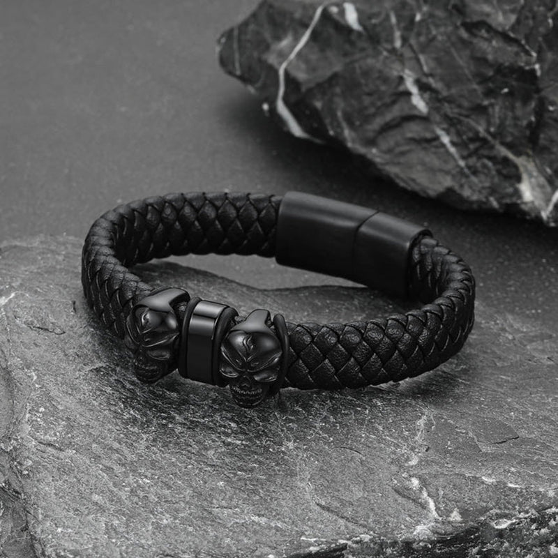 Personalized Name Beads Leather Bracelet With Skull for