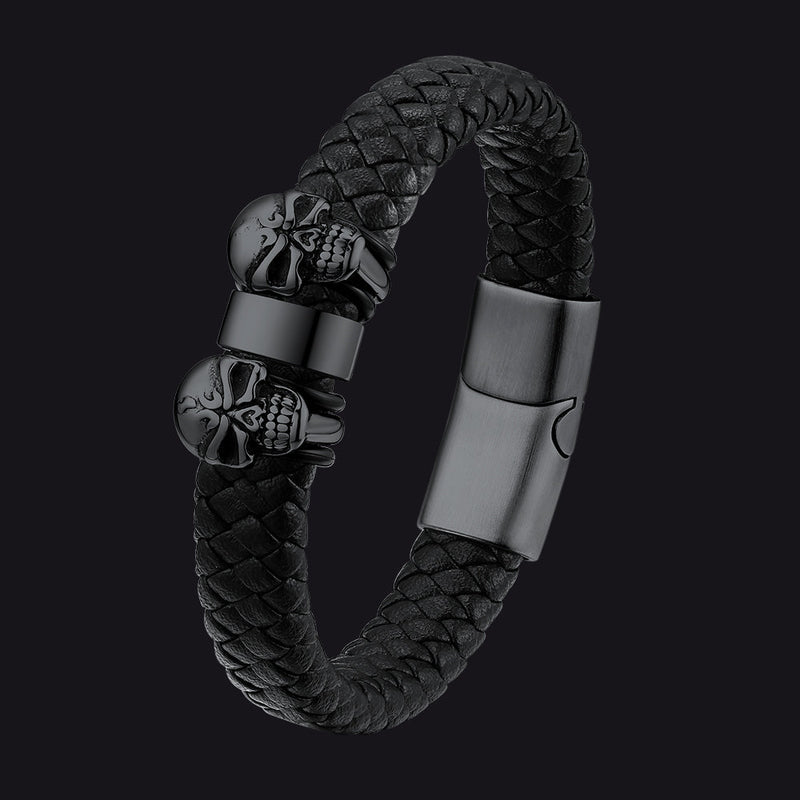 Personalized Name Beads Leather Bracelet With Skull for