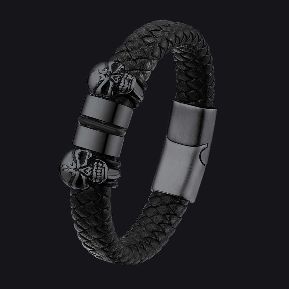 Personalized Name Beads Leather Bracelet With Skull for