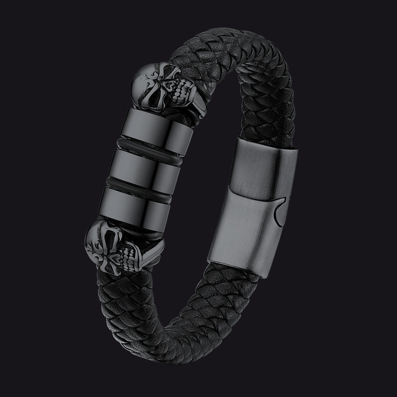 Personalized Name Beads Leather Bracelet With Skull for