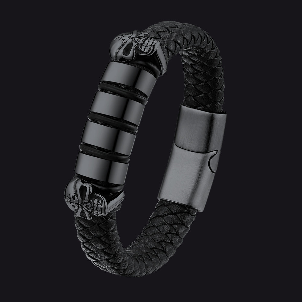 Personalized Name Beads Leather Bracelet With Skull for