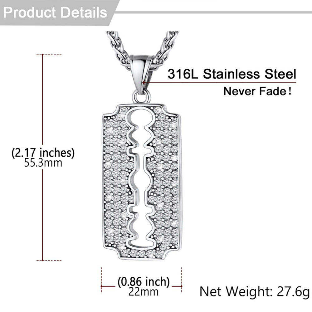 Engraved Razor Blade Pendant Necklace With Diamond for