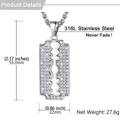 Engraved Razor Blade Pendant Necklace With Diamond for