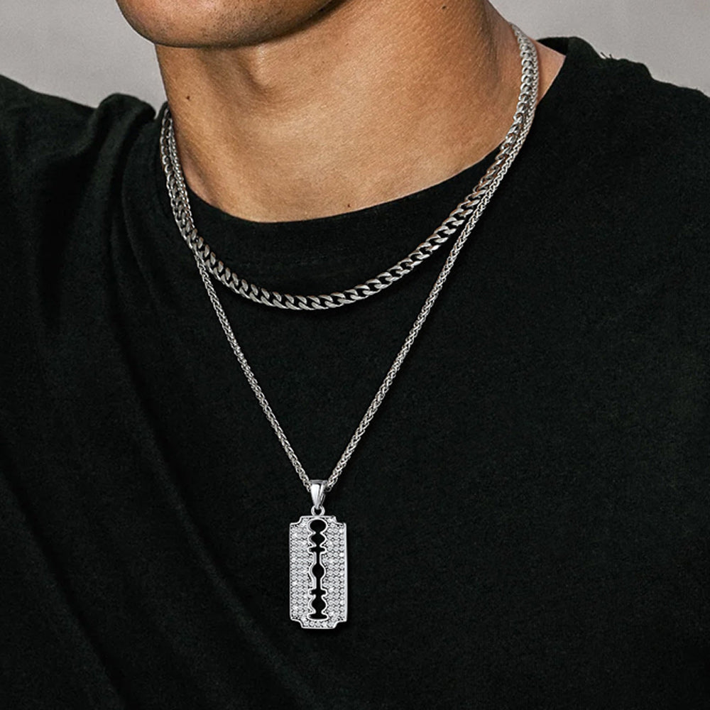 Engraved Razor Blade Pendant Necklace With Diamond for