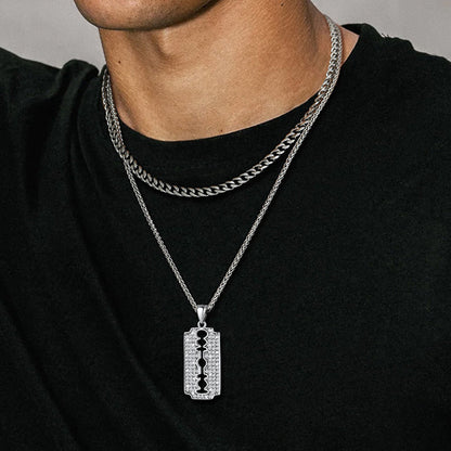 Engraved Razor Blade Pendant Necklace With Diamond for