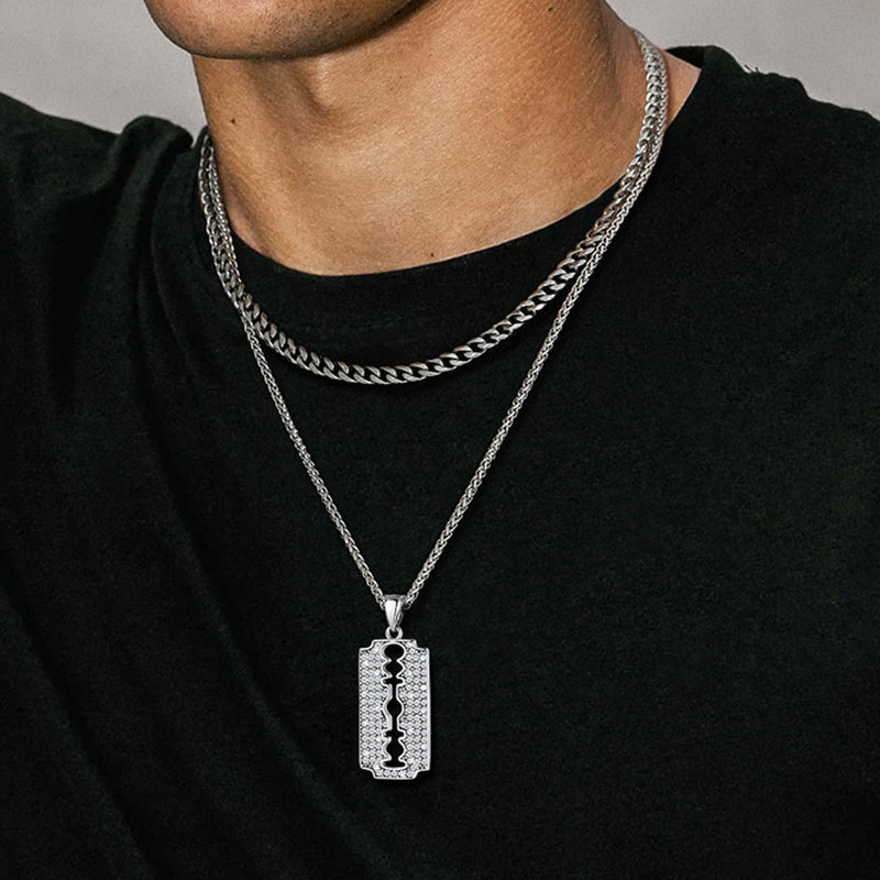 Engraved Razor Blade Pendant Necklace With Diamond for