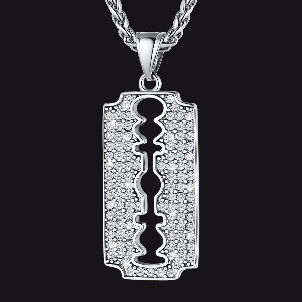 Engraved Razor Blade Pendant Necklace With Diamond for