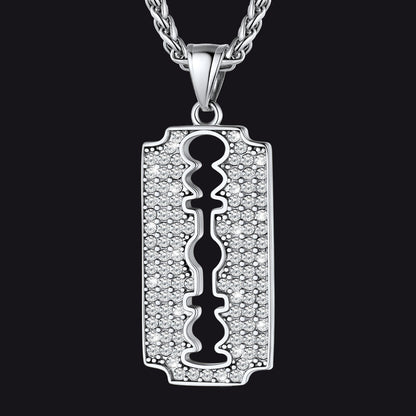 Engraved Razor Blade Pendant Necklace With Diamond for