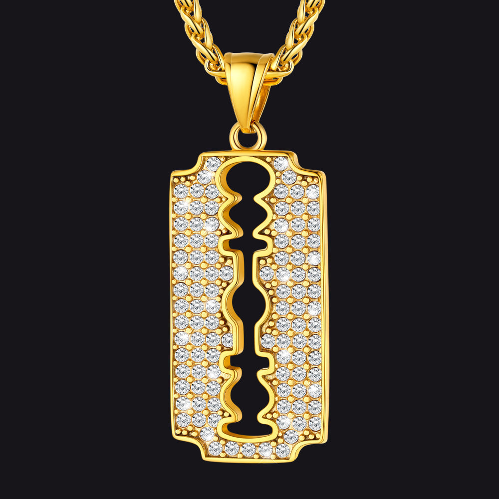 Engraved Razor Blade Pendant Necklace With Diamond for