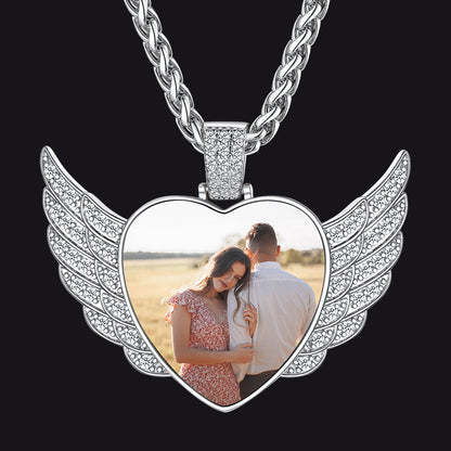 Personalized Picture Angel Wings Heart Necklace for With Cz, Memorial Jewelry