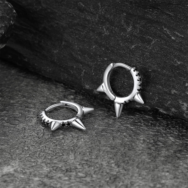 Flash Sterling Silver Spike Hoop Earrings With Black Onyx