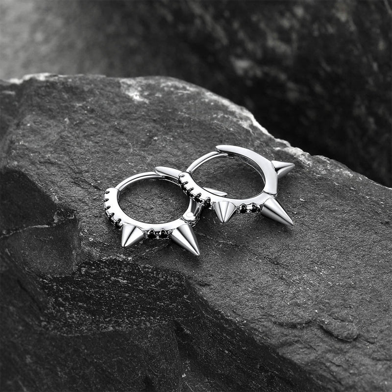 Flash Sterling Silver Spike Hoop Earrings With Black Onyx