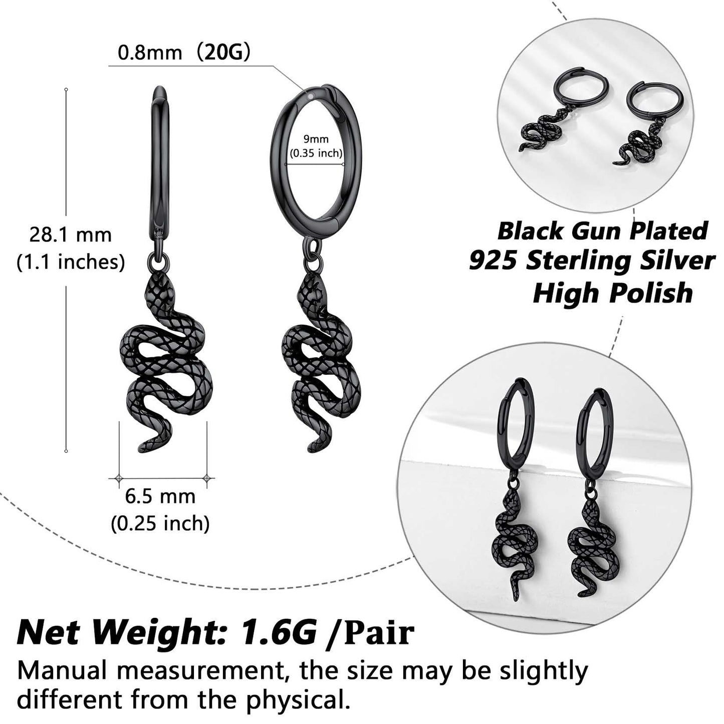 Sterling Silver Snake Dangle Hoop Earrings for