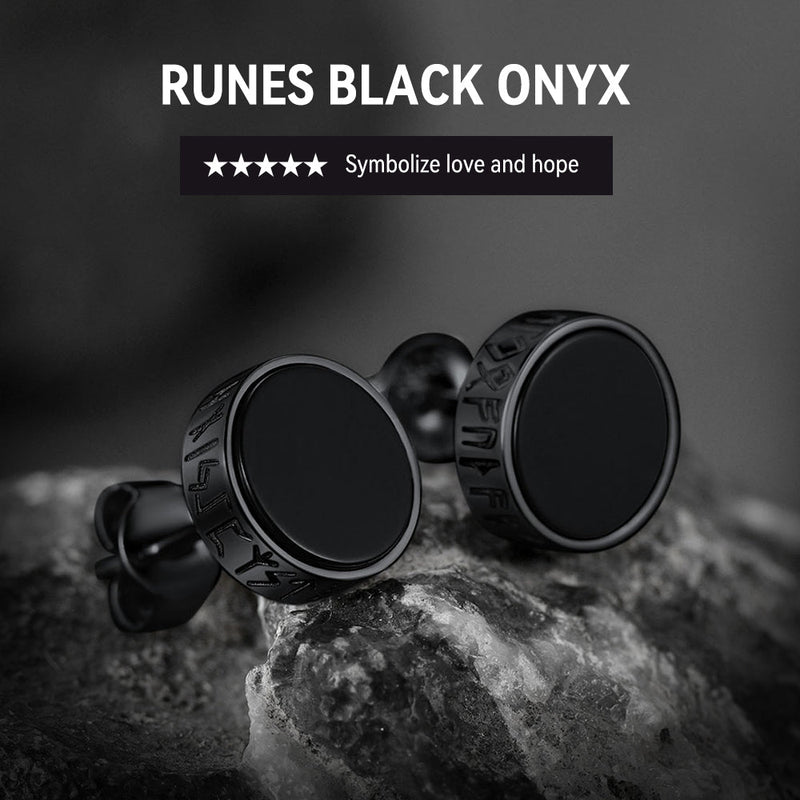 Sterling Silver Viking Runes Black Onyx Stud Earrings for