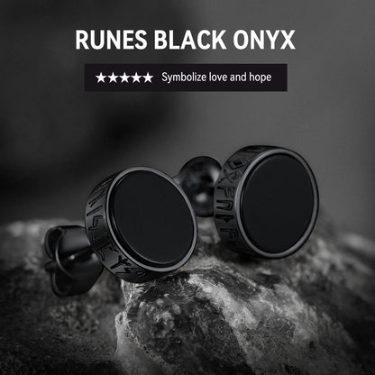 Sterling Silver Viking Runes Black Onyx Stud Earrings for