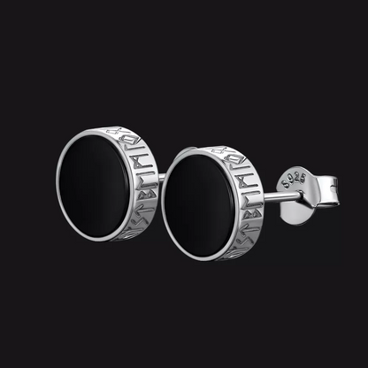 Black Onyx Stud Earrings With Viking Runes in Sterling Silver