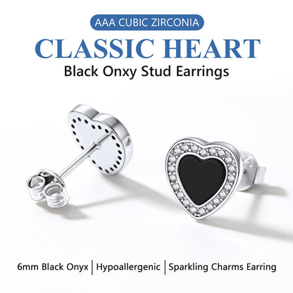 Flash Sterling Silver Heart-shaped Black Onyx Stud Earrings for