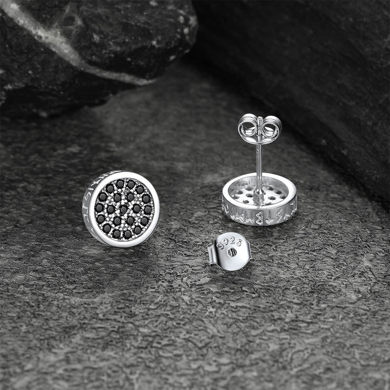 10mm Round Black Diamond Stud Earrings With Runes
