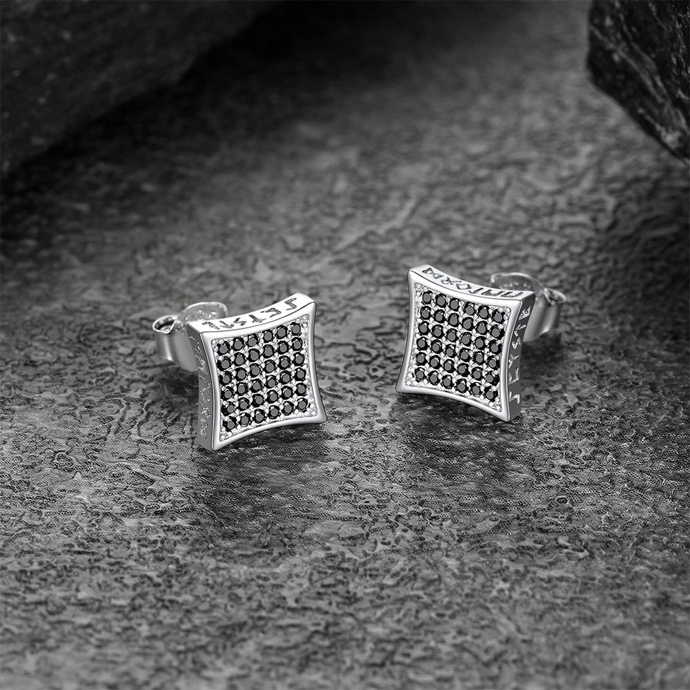 9mm Square Black Diamond Stud Earrings With Viking Runes
