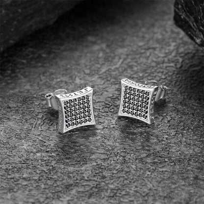 9mm Square Black Diamond Stud Earrings With Viking Runes