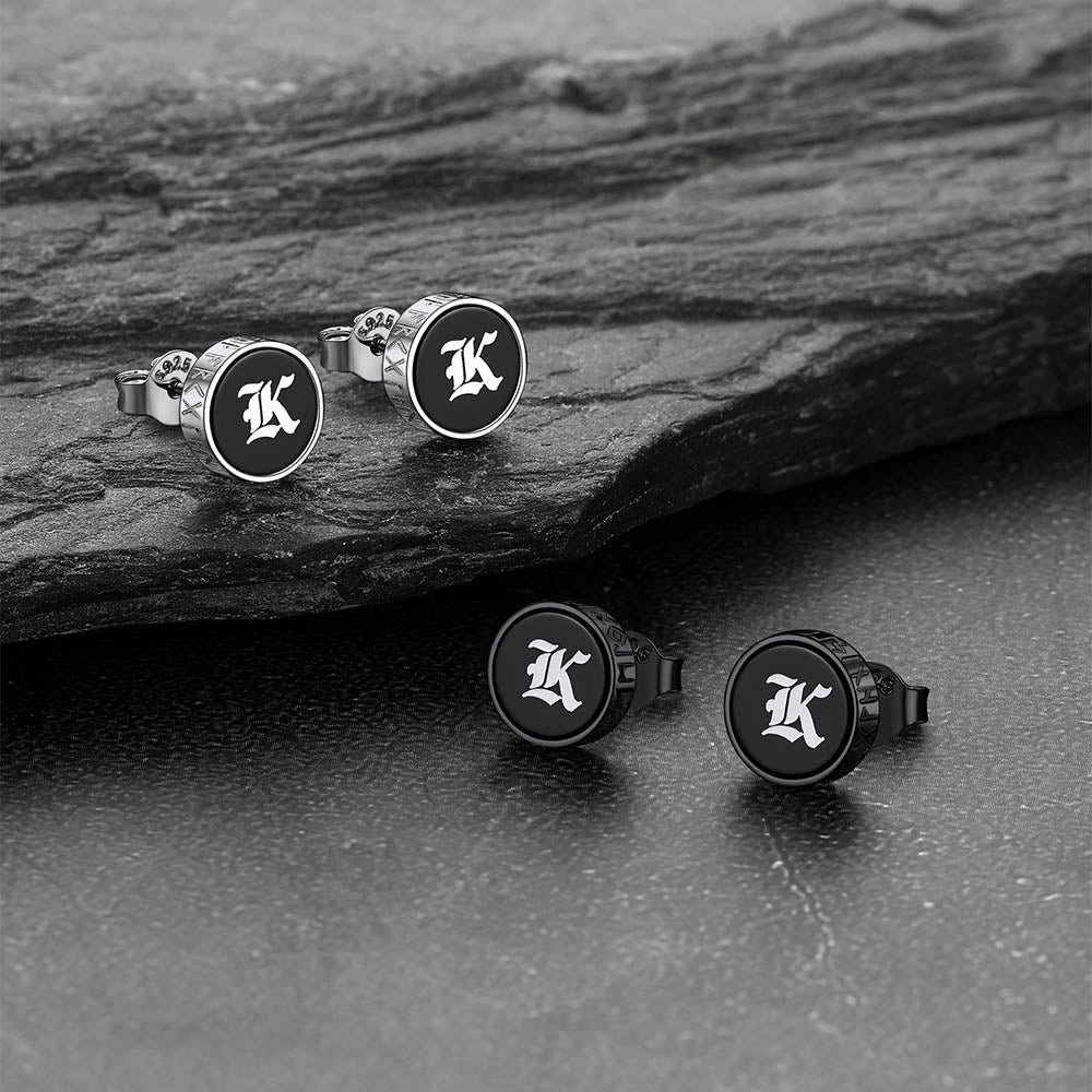 Engraved Black Onyx Stud Earrings With Viking Rune