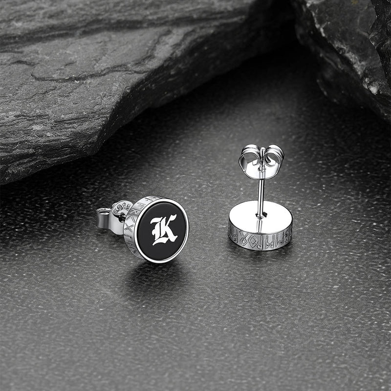 Engraved Black Onyx Stud Earrings With Viking Rune