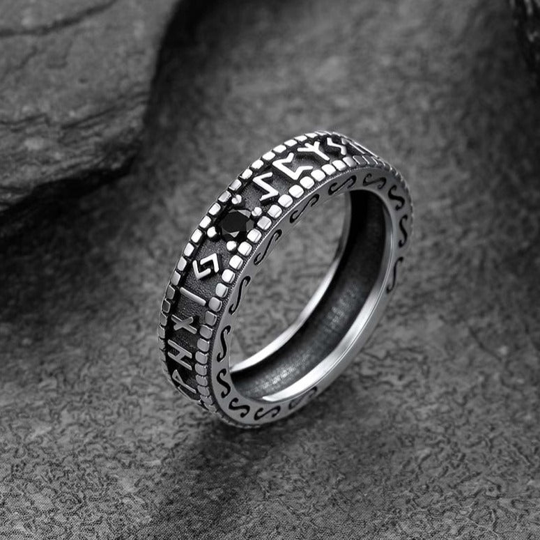 Sterling Silver Norse Runes Ring With Black Onyx