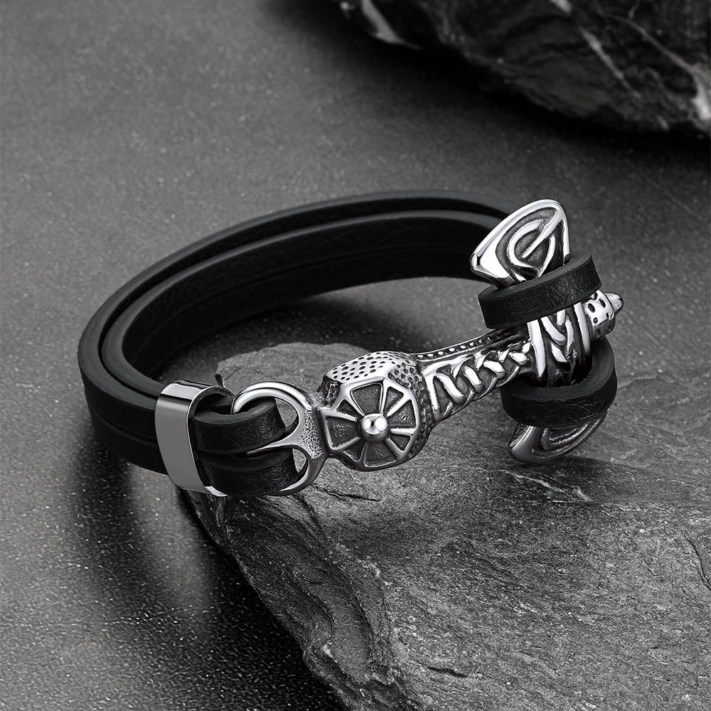 Viking Mjolnir Thor's Hammer Leather Bracelet for