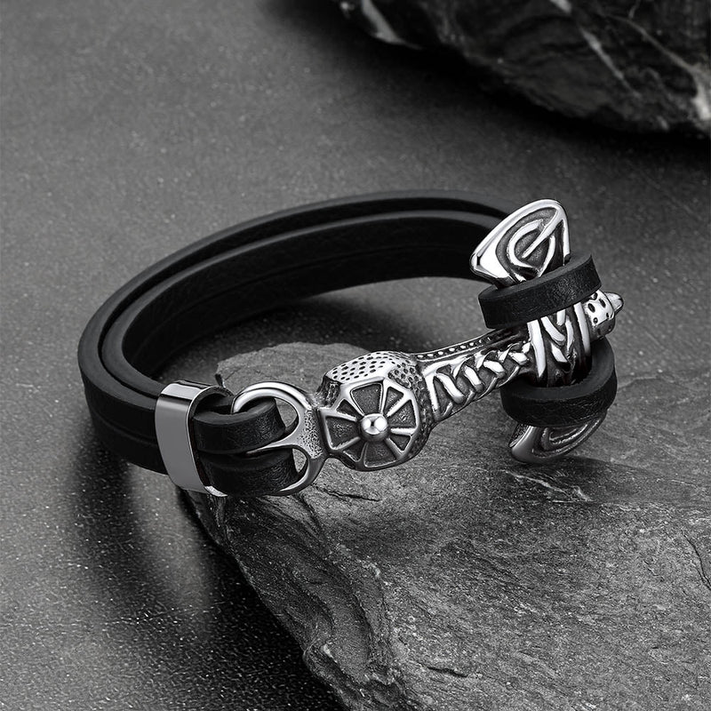 Viking Mjolnir Thor's Hammer Leather Bracelet for